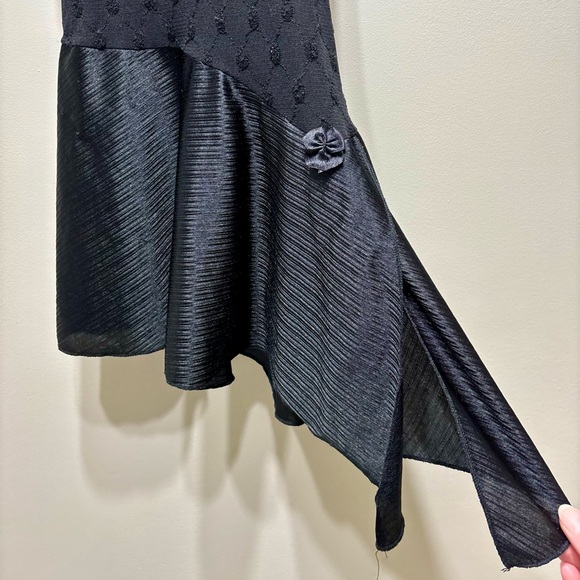 Vintage 90s Y2K Satin Cocktail Asymmetrical Hem Rosette Mini Tank Dress Black - Picture 5 of 8